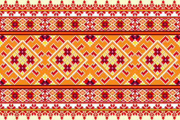 Pixel ethnic  pattern oriental traditional. Design fabric pattern textile African, Aztec African America Indian seamless. Floral pixel art pattern on navy background  vector illustration
