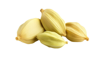 Piled green cardamom pods, aromatic spice for cooking, earthy tones, perfect for culinary styling or packaging design. Isolated on white background or PNG