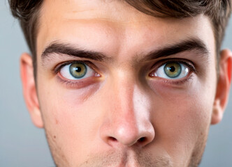 Obraz premium Portrait of astonished brunette man. Beautiful big blue eyes. the man's surprised look. Ophthalmology, eye treatment. Emotional man looks with a surprised expression, shocked look. Shocking news!