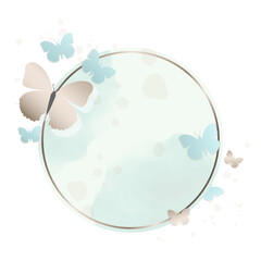 Elegant round golden frame with delicate butterflies and soft pastel watercolor splashes. Luxurious nature-inspired design for wedding invitations, greeting cards, and decorative templates.