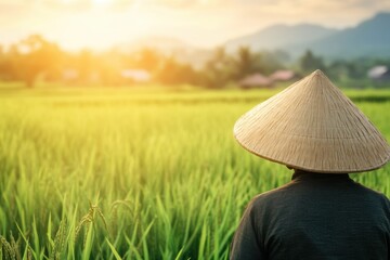 Rice Field Sunrise with Farmer in Traditional Hat Admiring Lush Green Crops under Bright Sky in Serene Rural Landscape Setting