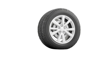 Obraz premium Car tire on display, sleek black rubber with intricate silver rims showcasing strength and durability, ideal for automotive themes. Isolated on white background or PNG