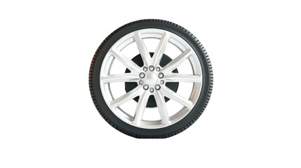 Obraz premium Car wheel on white background, sleek alloy design with five spokes, ideal for automotive advertising or tire sales. Isolated on white background or PNG