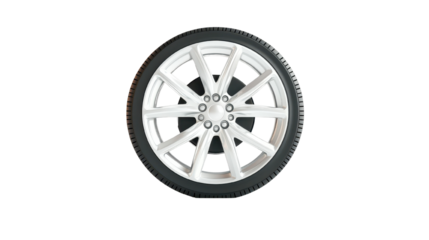 Car wheel on white background, sleek alloy design with five spokes, ideal for automotive advertising or tire sales. Isolated on white background or PNG