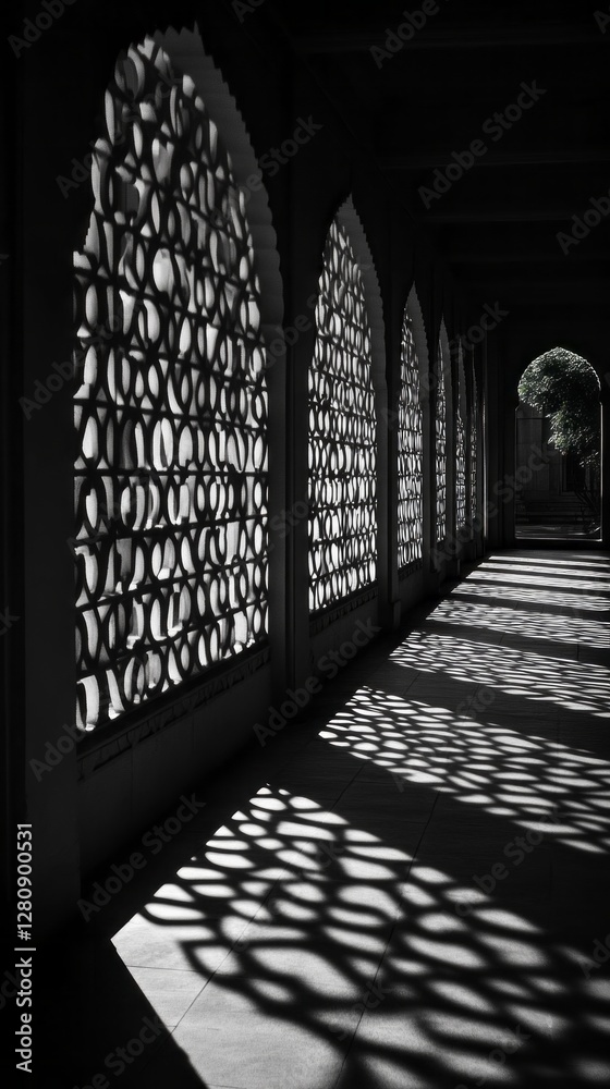 Poster A hidden architectural treasure reveals its beauty in a dimly lit corridor where unique light patterns dance across the ground, creating a mesmerizing visual experience in the late afternoon
