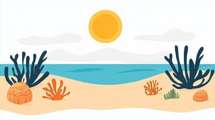 Scenic Seascape Illustration with Golden Sun and Blue Ocean Waves at Coastal Beach