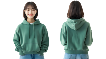 Portrait of a happy beautiful korean hair bang style, wearing a green hoodie sweater and jeans, front and back view