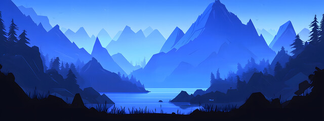 A flat vector graphic of an outdoor scene with mountains, trees, and water in blue tones
