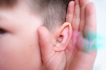 Close-up detail young male ear, sound wave, poor hearing, Ear Discomfort, Hearing Test, buzzing...
