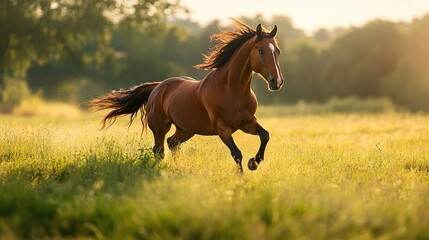 Obraz premium A beautiful horse galloping across a sunny field, natural sunlightx