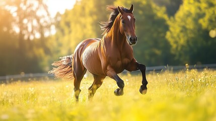 Obraz premium A beautiful horse galloping across a sunny field, natural sunlight