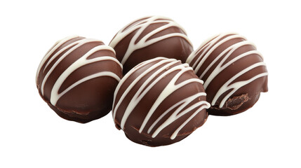 Delicious chocolate truffles, round treats with drizzled white chocolate, perfect for gifting or indulging in sweet moments. Isolated on white background or PNG