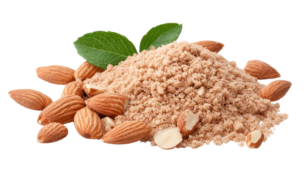 Almond flour with whole almonds, fine textured natural ingredient, perfect for baking and healthy recipes, copy-space available. Isolated on white background or PNG