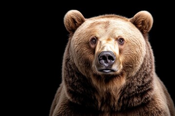 Obraz premium Front view of brown bear isolated on black background Portrait of Kamchatka bear Ursus arctos beringianus
