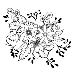 Black and White Floral Bouquet. Hand-Drawn Botanical Design with Ornamental Flowers and Leaves. Vector Line Art for Coloring Pages, Tattoo Designs, Patterns, and Decorative Artwork.