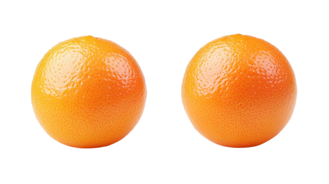 Two vibrant orange spheres, glossy surface reflecting light, minimalist design, perfect for modern decor or artistic display. Isolated on white background or PNG