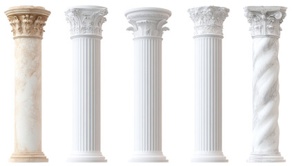 Elegant columns in various styles, classic designs for architectural aesthetics, perfect for historical themes or elegant settings. Isolated on white background or PNG