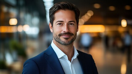 Fototapeta premium A business traveler, head and shoulders portrait, standing in an airport terminal, natural side lightingx