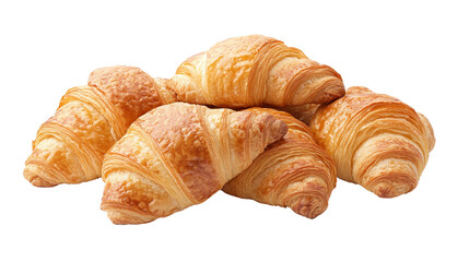 Freshly baked croissants, golden flaky pastries stacked invitingly, perfect for breakfast or brunch, ideal for café menus. Isolated on white background or PNG