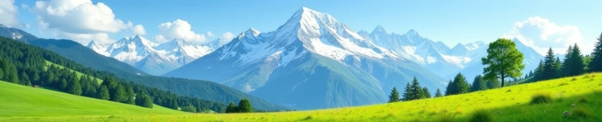 Fototapeta premium snow-capped mountain range with a serene alpine meadow below, green, range, blue