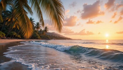 Fototapeta premium Tropical Beach Sunset Palm Trees Ocean Wave Landscape