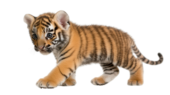 Playful tiger cub exploring, young striped feline with vibrant orange fur and curious eyes in a natural environment. Isolated on white background or PNG