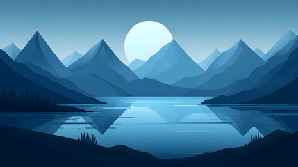 A flat vector graphic of an outdoor scene with mountains, trees, and water in blue tones
