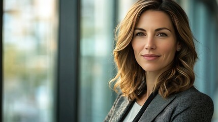 A businesswoman, head and shoulders portrait, confident expression, standing in a modern office, soft window light from right