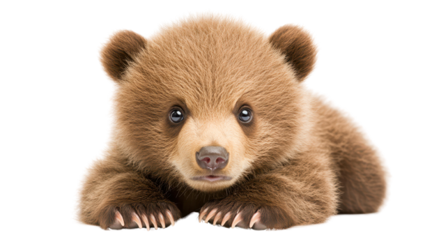 Cute brown bear cub resting, small fluffy animal with round face and big eyes, evokes warmth and playfulness, perfect for wildlife themes. Isolated on white background or PNG
