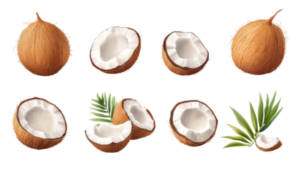Coconuts on display, whole and halved ripe coconuts with light brown shells and white flesh, tropical theme perfect for freshness. Isolated on white background or PNG
