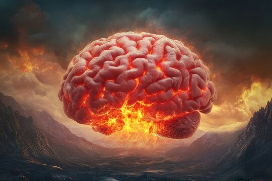 Concept art of a human brain exploding with knowledge and creativity