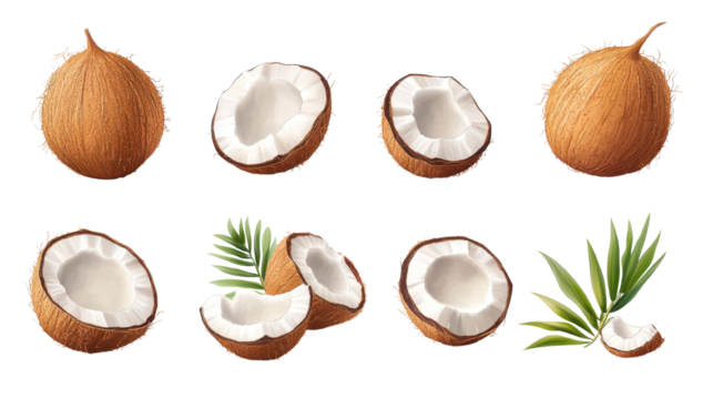 Coconuts on display, whole and halved ripe coconuts with light brown shells and white flesh, tropical theme perfect for freshness. Isolated on white background or PNG