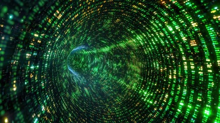 abstract futuristic technology background featuring a glowing green neon 3D matrix digital tunnel, symbolizing data flow, cyber networks, and digital innovation. Ideal for AI, cybersecurity, virtual