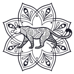 Intricate Mandala Art: Black Panther Illustration, Detailed Zentangle Style Animal Design, Geometric Floral Pattern Coloring Page