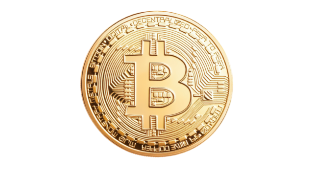 Golden cryptocurrency coin, digital money symbol showcasing a Bitcoin logo, ideal for finance themes and tech discussions. Isolated on white background or PNG
