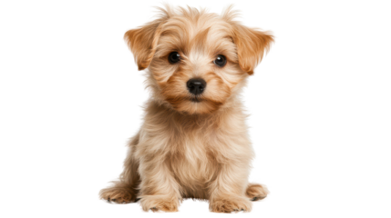 Playful puppy sitting, small golden fur, curious expression, perfect for pet-related content, inviting and cheerful atmosphere. Isolated on white background or PNG