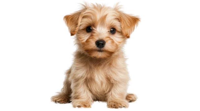 Playful puppy sitting, small golden fur, curious expression, perfect for pet-related content, inviting and cheerful atmosphere. Isolated on white background or PNG