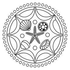 Seashell Mandala Coloring Page: Detailed Starfish, Shells, and Beach Theme Design for Relaxation and Creative Art Therapy for All Ages