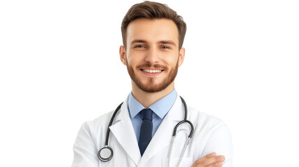 Friendly healthcare professional smiling, young Caucasian male doctor in white coat with stethoscope, bright clinic background. Isolated on white background or PNG