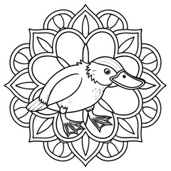 Platypus Mandala Coloring Page: Detailed Line Art of Australian Animal in Floral Design for Relaxation and Creative Coloring Fun