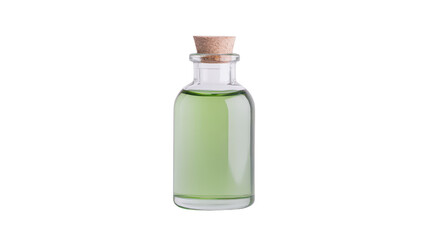 Elegant glass bottle containing green liquid, stylish design with a cork lid, ideal for cosmetic or fragrance use, minimalist aesthetic. Isolated on white background or PNG