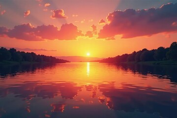 Obraz premium Softly glowing sunset reflections on river surface, sunset, calm, soft glow