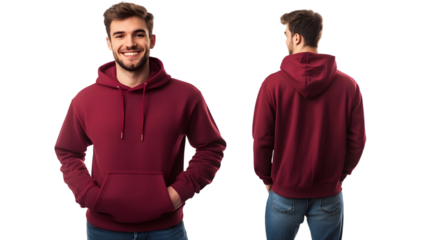 Portrait of a happy handsome american young attractive man, wearing a red maroon hoodie sweater and jeans, front and back view