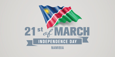 Namibia happy independence day greeting card, banner vector illustration. Namibian national holiday 21st of March design element with realistic flag