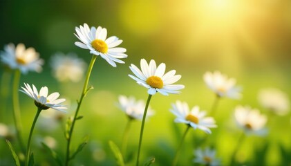 Fototapeta premium Soft petals of white daisies sway in gentle breeze, sun, nature, serene