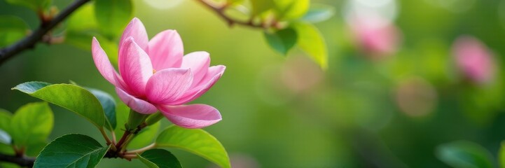 Obraz premium Soft pink petals unfurl on a branch amidst lush green leaves, blossom, blooming tree