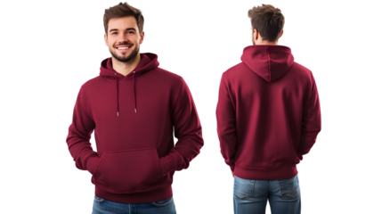Portrait of a happy handsome american young attractive man, wearing a red maroon hoodie sweater and jeans, front and back view