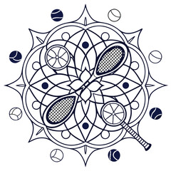 Naklejka premium Tennis Mandala Coloring Page: Intricate Racket and Ball Design for Relaxation & Creative Fun, Printable Art Therapy for Adults & Kids