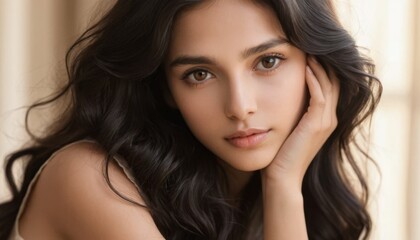Naklejka premium Beautiful Woman Portrait with Long Dark Hair and Soft Makeup