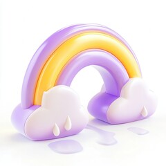 A cute 3D rainbow model with purple and yellow colors, adorned with clouds and dripping water.